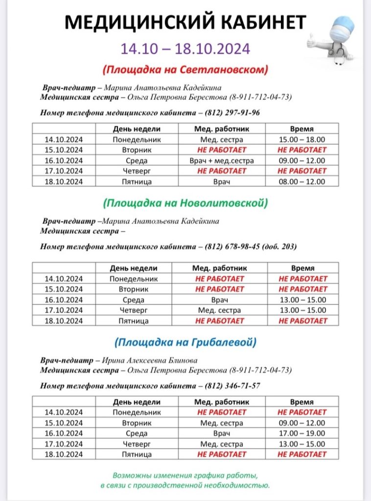 Медицинский кабинет
с 14.10.2024 по 18.10.2024
(площадка на Светлановском)
Врач-педиатр- Марина Анатольевна Кадейкина
Медицинская сестра-Ольга Петровна Берестова (8-911-712-04-73)
Номер телефона медицинского кабинета - (812)297-91-96
14.10.2024 Понедельник мед. сестра с 15.00 по 18.00
15.10.2024 Вторник не работает
16.10.2024 Среда Врач и мед. сестра с 09.00 по 12.00
17.10.2024 Четверг не работает
18.10.2024 Пятница Врач с 08.00 по 12.00
(Площадка на Новолитовской)
Врач-педиатр- Марина Анатольевна Кадейкина
Медицинская сестра -
Номер телефона медицинского кабинета - (812) 678-98-45 (доб. 2023)
14.10.2024 Понедельник НЕ РАБОТАЕТ
15.10.2024 Вторник НЕ РАБОТАЕТ
16.10.2024 Среда Врач с 13.00 по 15.00
17.10.20224 Четверг мед сестра с 13.00 по 15.00
18.10.2024 Пятница НЕ РАБОТАЕТ
(Площадка На Грибалевой)
Врач-педиатр - Ирина Алексеевна Блинова
Медицинская сестра - Ольга Петровна Берестова (8-911-712-04-73)
Номер телефона медицинского кабинета -(812) 346-71-57
14.10.2024 Понедельник НЕ РАБОТАЕТ
15.10.2024 Вторник мед сестра с 09.00 по 12.00
16.10.2024 Среда врач с 17.00 по 19.00
17.10.2024 Четверг мед сестра с 13.00 по 15.00
18.10.2024 Пятница не работает
Возможны изменения графика работы, в связи с производственной необходимостью.