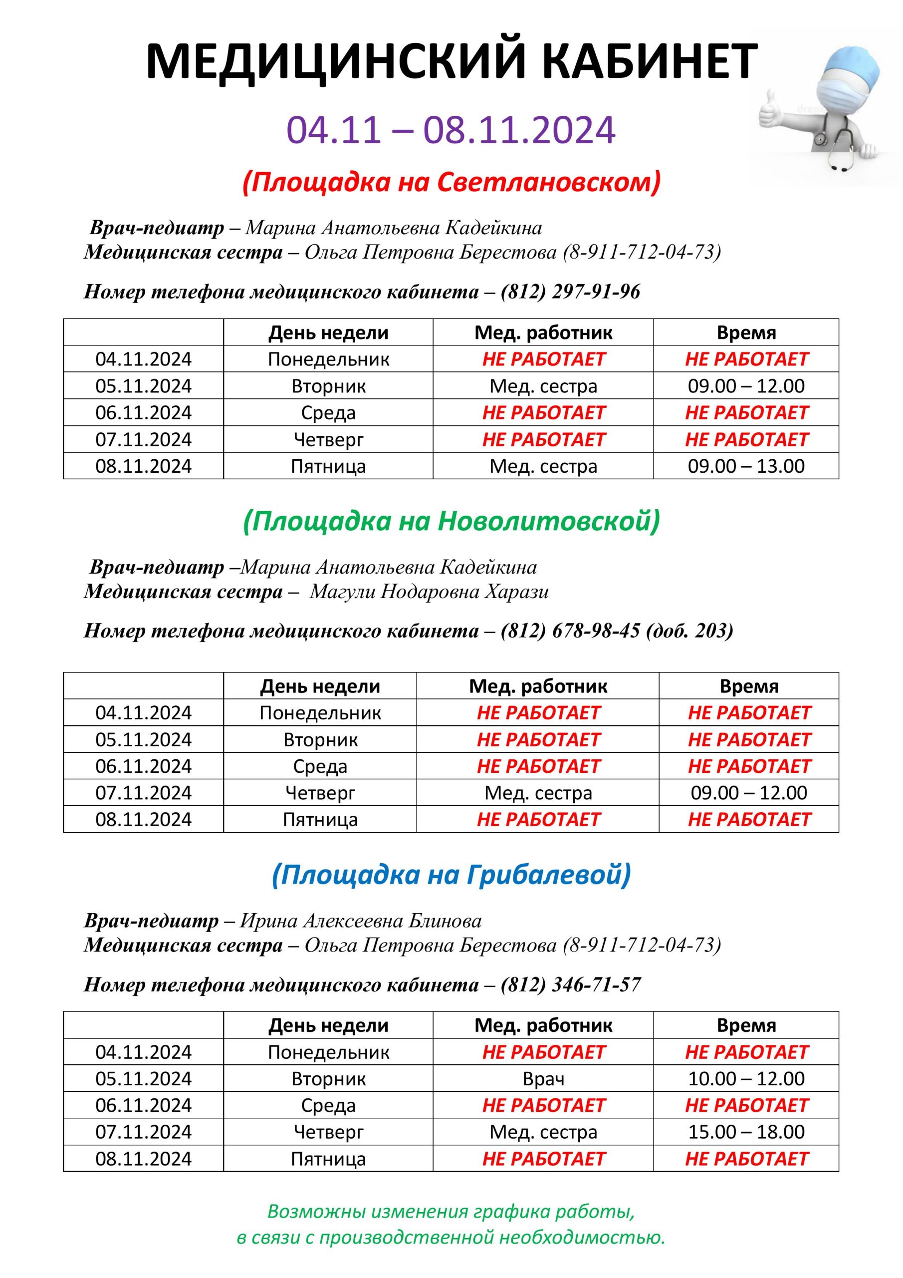 Медицинский кабинет
с  04.11.2024 по 08.11.2024
(площадка на Светлановском)
Врач-педиатр- Марина Анатольевна Кадейкина
Медицинская сестра-Ольга Петровна Берестова (8-911-712-04-73)
Номер телефона медицинского кабинета - (812)297-91-96
04.11.2024 Понедельник не работает
05.11.2024 Вторник мед. сестра с 09.00 по 12.00
06.11.2024 Среда не работает
07.11.2024 Четверг не работает
08.11.2024 Пятница мед сестра с 09.00 по 12.00
Врач-педиатр- Марина Анатольевна Кадейкина
Медицинская сестра - Магули Нодаровна Харази
Номер телефона медицинского кабинета - (812) 678-98-45 (доб. 2023)
04.11.2024 Понедельник не работает
05.11.2024 Вторник не работает
06.11.2024 Среда не работает
07.11.20224 Четверг мед.сестра+врач с 09.00 по 12.00
08.11.2024 Пятница НЕ РАБОТАЕТ
(Площадка На Грибалевой)
Врач-педиатр - Ирина Алексеевна Блинова
Медицинская сестра - Ольга Петровна Берестова (8-911-712-04-73)
Номер телефона медицинского кабинета -(812) 346-71-57
04.11.2024 Понедельник не работает
05.11.2024 Вторник врач с 10.00 по 12.00
06.11.2024 Среда не работает
07.11.2024 Четверг врач+мед.сестра с 15.00 по 18.00
08.11.2024 Пятница не работает
Возможны изменения графика работы, в связи с производственной необходимостью.