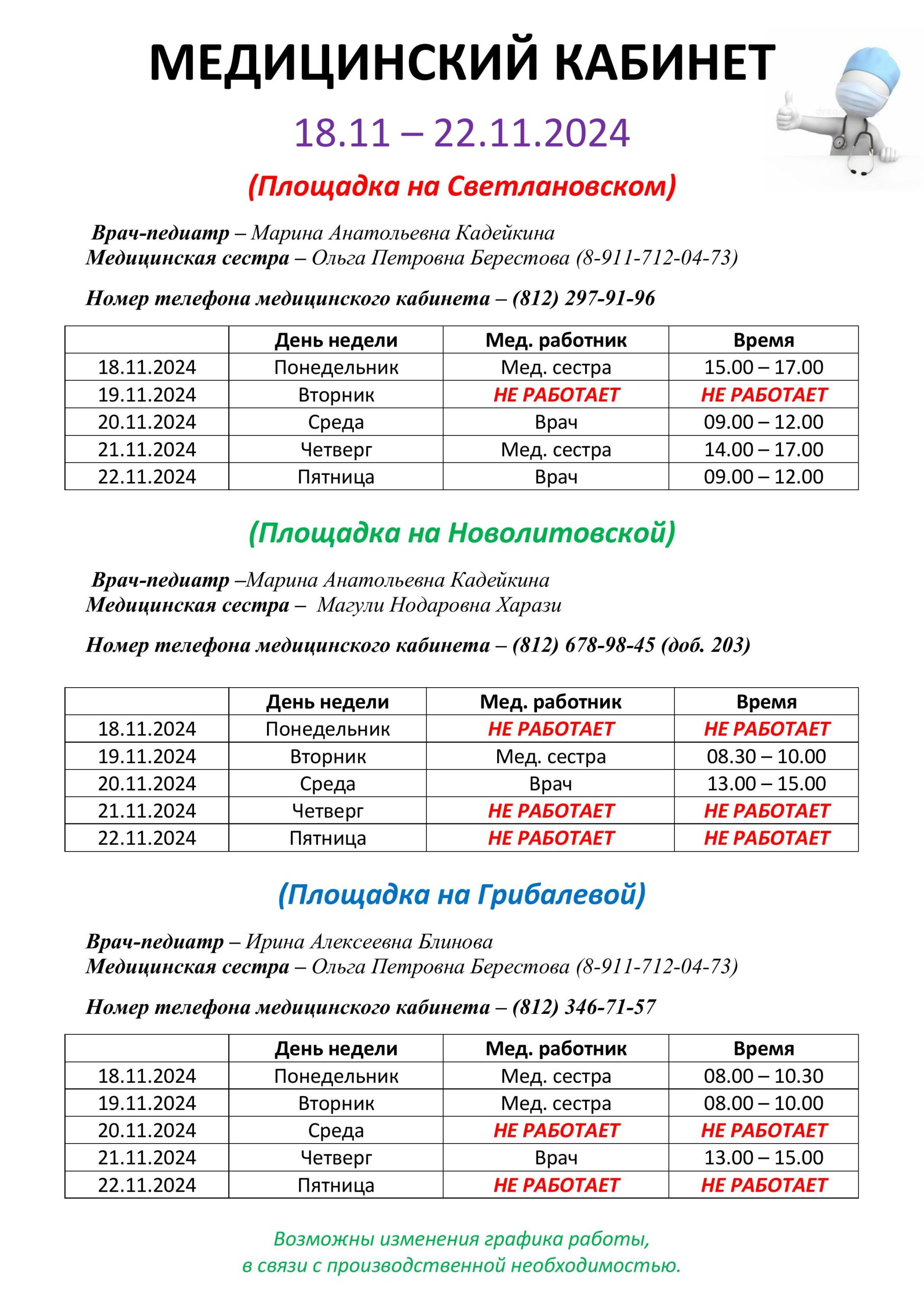 Медицинский кабинет
с  18.11.2024 по 22.11.2024
(площадка на Светлановском)
Врач-педиатр- Марина Анатольевна Кадейкина
Медицинская сестра-Ольга Петровна Берестова (8-911-712-04-73)
Номер телефона медицинского кабинета - (812)297-91-96
18.11.2024 Понедельник мед сестра с 15.00 по 17.00
19.11.2024 Вторник не работает
20.11.2024 Среда врач с 09.00 по 12.00
21.11.2024 Четверг мед сестра с 14.00 по 17.00
22.11.2024 Пятница врач  с 09.00 по 12.00
НОВОЛИТОВСКАЯ
Врач-педиатр- Марина Анатольевна Кадейкина
Медицинская сестра - Магули Нодаровна Харази
Номер телефона медицинского кабинета - (812) 678-98-45 (доб. 2023)
18.11.2024 Понедельник не работает
19.11.2024 Вторник мед сестра с 08.30 по 10.00
20.11.2024 Среда врач с 13.00 по 15.00
21.11.20224 Четверг НЕ РАБОТАЕТ
22.11.2024 Пятница НЕ РАБОТАЕТ
(Площадка На Грибалевой)
Врач-педиатр - Ирина Алексеевна Блинова
Медицинская сестра - Ольга Петровна Берестова (8-911-712-04-73)
Номер телефона медицинского кабинета -(812) 346-71-57
18.11.2024 Понедельник мед сестра с 08.00 по 10.30
19.11.2024 Вторник мед сестра с 08.00 по 10.00
20.11.2024 Среда не работает
21.11.2024 Четверг врач с 13.00 по 15.00
22.11.2024 Пятница не работает
Возможны изменения графика работы, в связи с производственной необходимостью.